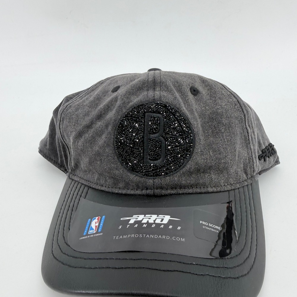 Pro Standard Brooklyn Nets NBA Crystal Logo Denim Leather Strapback Hat Grey